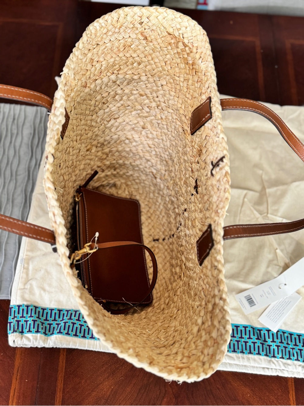 Tory Burch McGraw Straw Shopper Tote Natural Woven Raffia Leather Pouch Dustbag - Picture 9 of 16